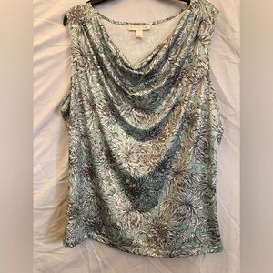 1X Emaline Sleeveless Cowl Neck Chrysanthemum Print Floral Tank Top - Mint/White
